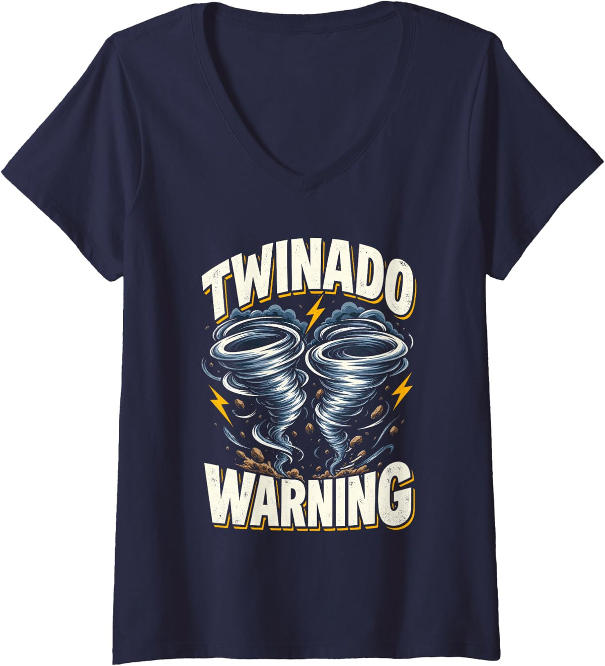 Women's Twinado Warning Funny Twins Parent Humor V-Neck T-Shirt - Navy Blue