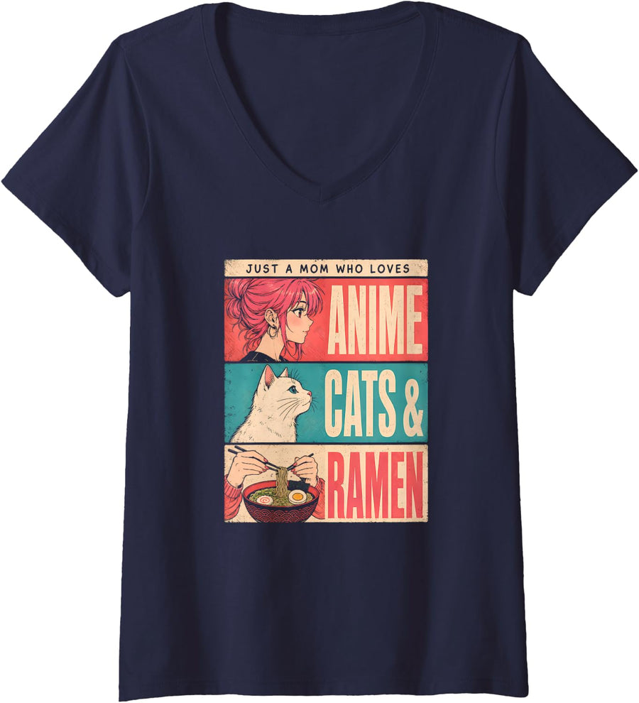 Women's Anime Mom Cats Ramen Vintage Manga Mother Japanese Noodles V-Neck T-Shirt - Navy Blue