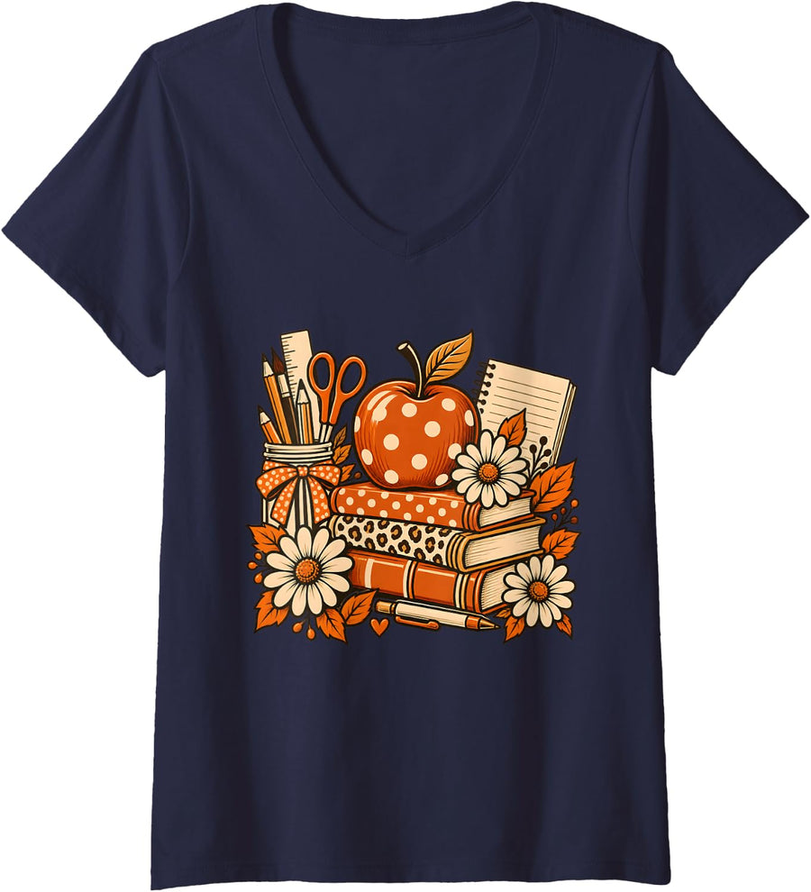 Women's Cute Fall Teacher School Books Autumn Thanksgiving Halloween V-Neck T-Shirt - Navy Blue