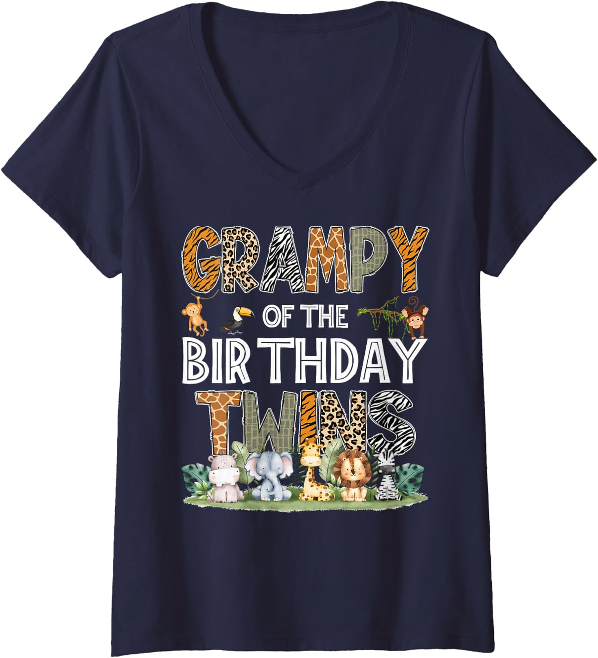 Women's Grampy of The Birthday Twins Safari Wild One Zoo Animal V-Neck T-Shirt - Navy Blue
