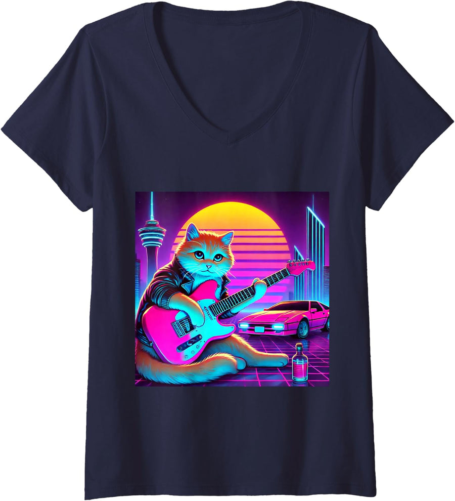 Women's Synthwave Retrowave Outrun Aesthetic Cat Playing Guitar V-Neck T-Shirt - Navy Blue