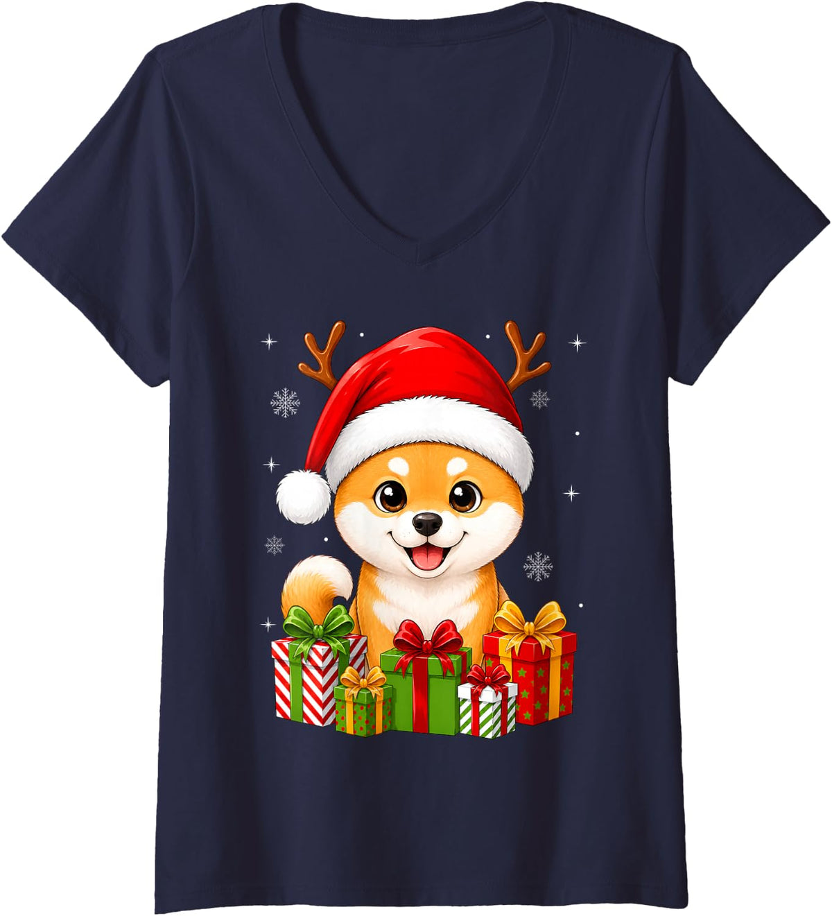 Women's Xmas Decor Cute Festive Santa Hat Shiba Inu Dog Christmas V-Neck T-Shirt - Navy Blue