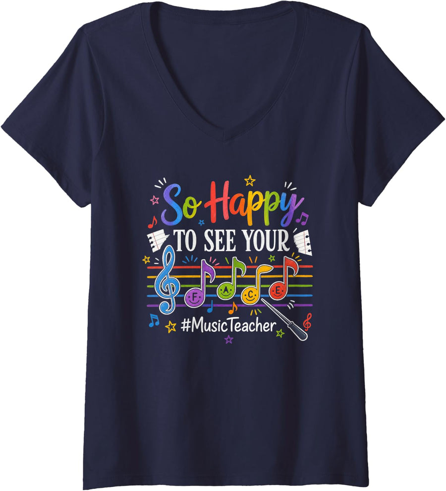 Women's Music Teacher Back to School So Happy V-Neck T-Shirt - Navy Blue