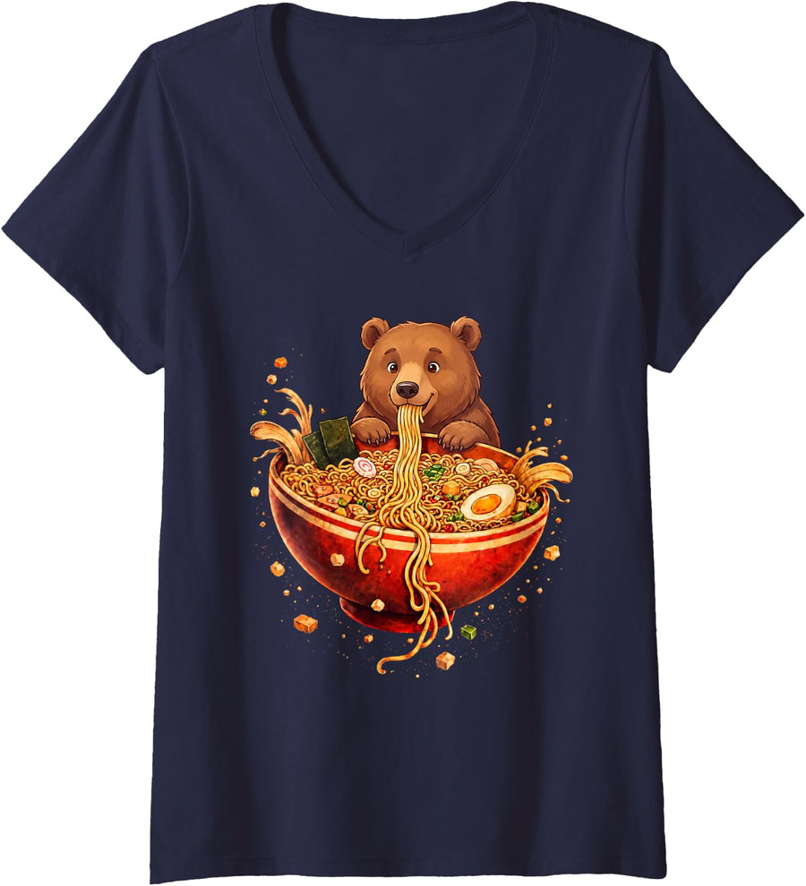 Women's Bear Ramen Japanese Art Anime Graphic Tee Kawaii V-Neck T-Shirt - Navy Blue