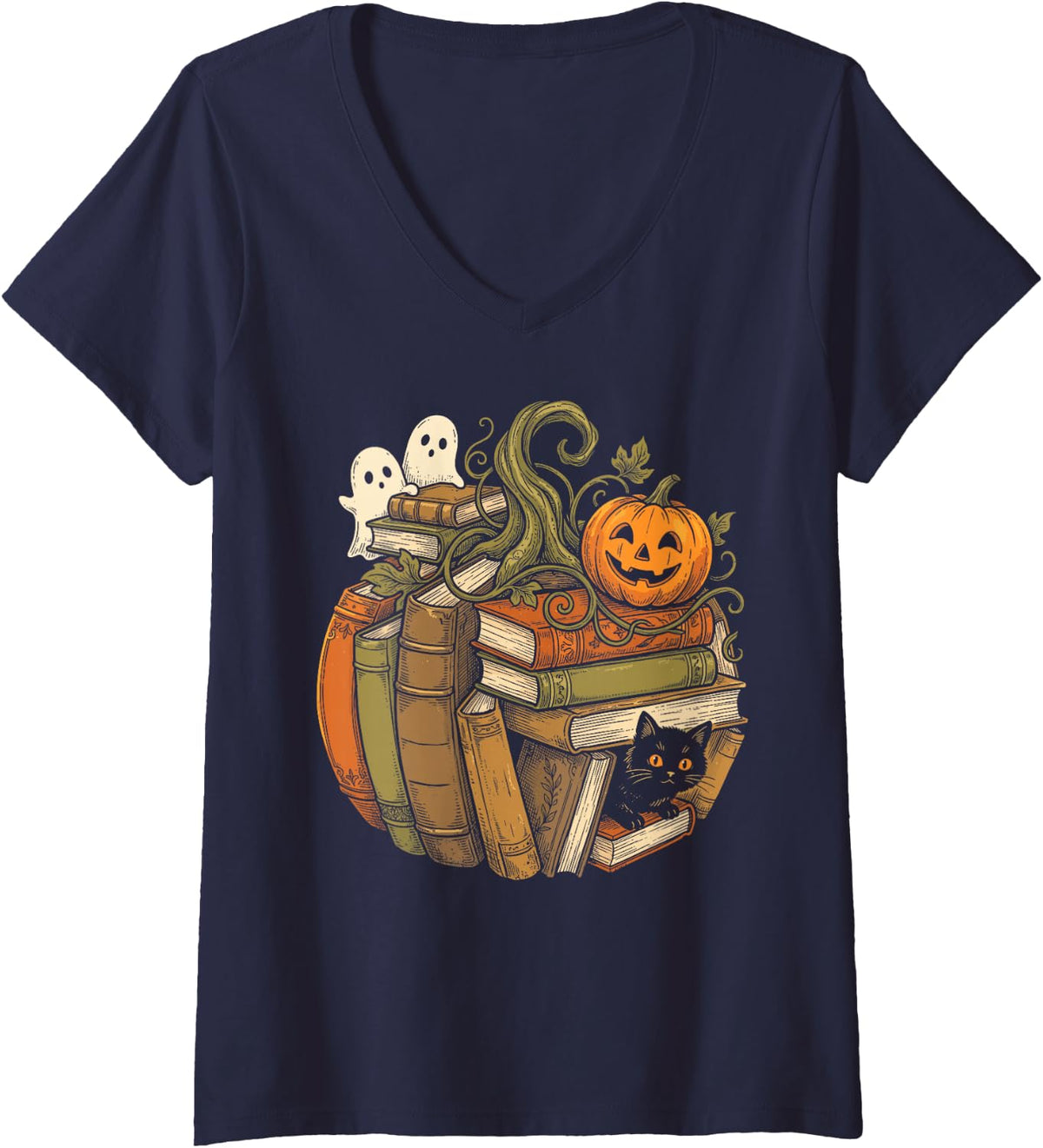 Women's Pumpkin Reading Book Lovers Teacher Librarian Halloween Fall V-Neck T-Shirt - Navy Blue