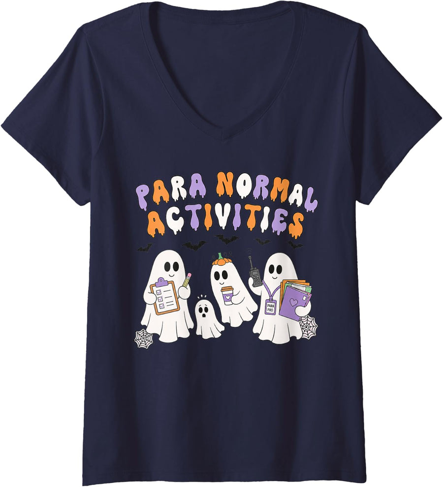 Women's para Normal Activities SPED Teachers Ghost Fall Halloween V-Neck T-Shirt - Navy Blue