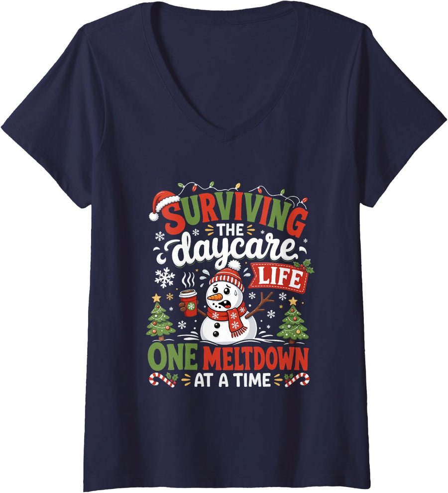 Women's Surviving The Daycare Life One Meltdown At A Time Christmas V-Neck T-Shirt - Navy Blue
