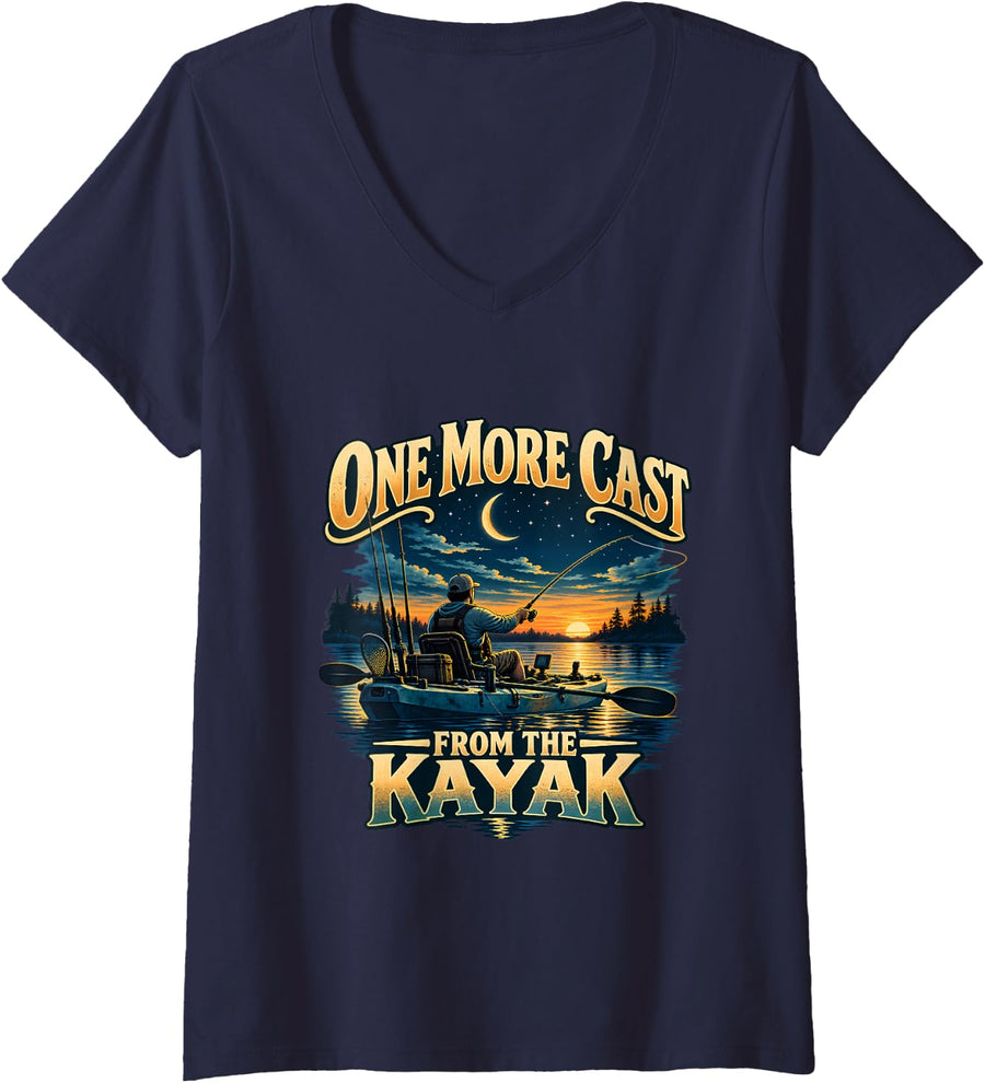 Women's One More Cast from The Kayak Night Fishing Angler V-Neck T-Shirt - Navy Blue