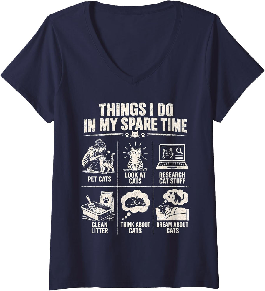Women's Things I Do in My Spare Time Funny Cat Mom Cat Dad Cat Lover V-Neck T-Shirt - Navy Blue