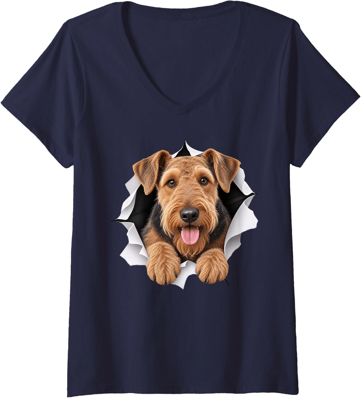 Women's Funny Airedale Terrier Peeking Cute Dog Lover Mom Dad V-Neck T-Shirt - Navy Blue