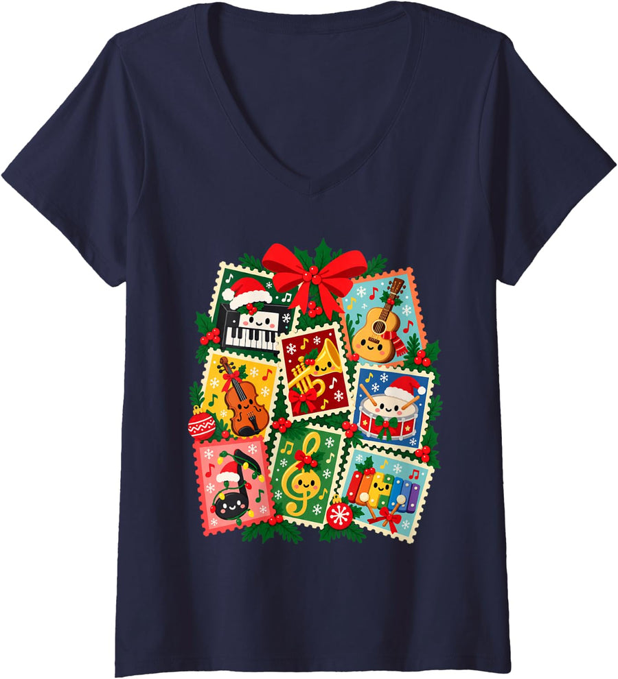 Women's Music Teacher Christmas Instrument Holiday Stamp Collage V-Neck T-Shirt - Navy Blue
