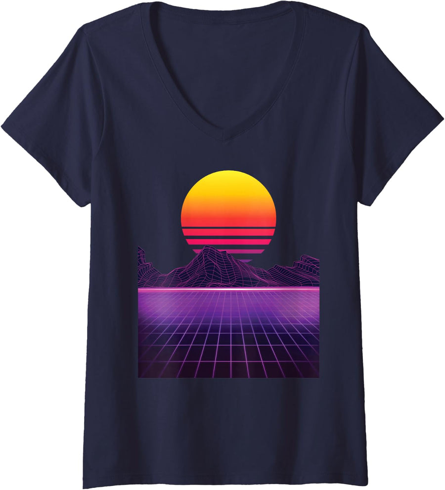 Women's Outrun Synthwave Vaporwave Aesthetic 80s Retro V-Neck T-Shirt - Navy Blue