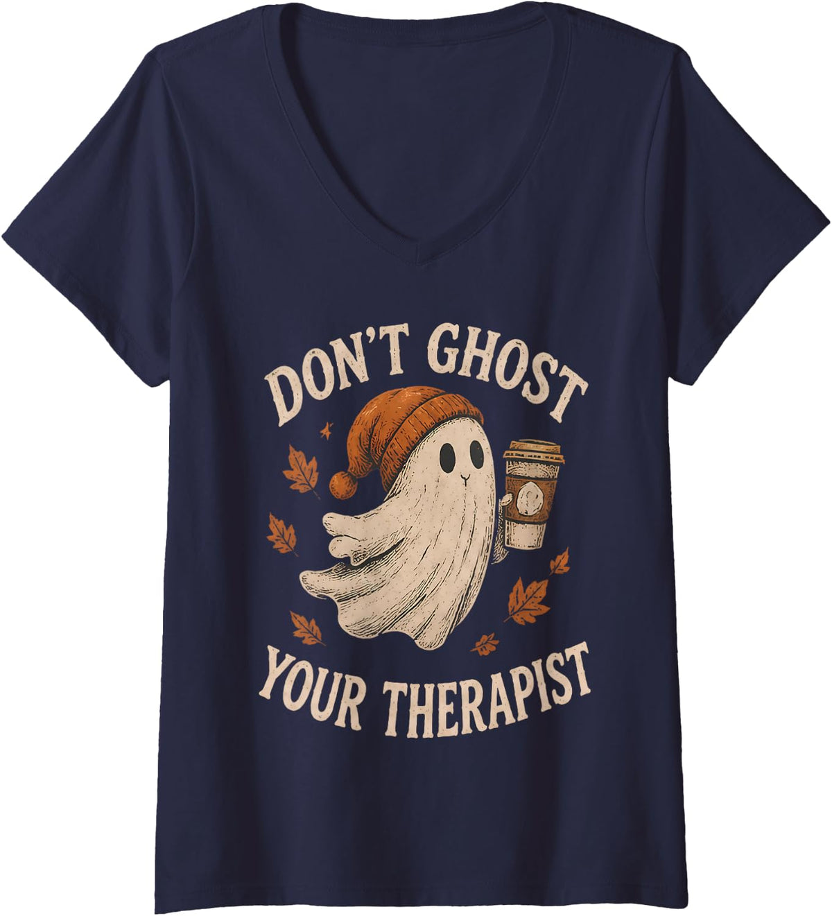 Women's Dont Ghost Your Therapist Halloween Mental Health Fall V-Neck T-Shirt - Navy Blue