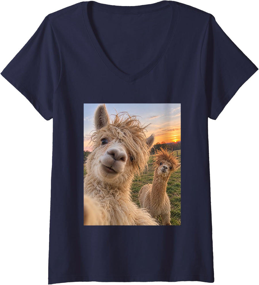 Women's Funny Alpaca Bad Hair Day Fluffy Farm Animal Humor V-Neck T-Shirt - Navy Blue