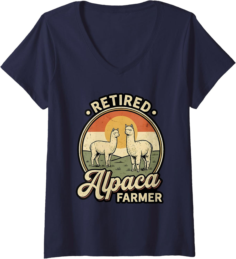 Women's Retired Alpaca Farmer Vintage Animal Alpaca V-Neck T-Shirt - Navy Blue