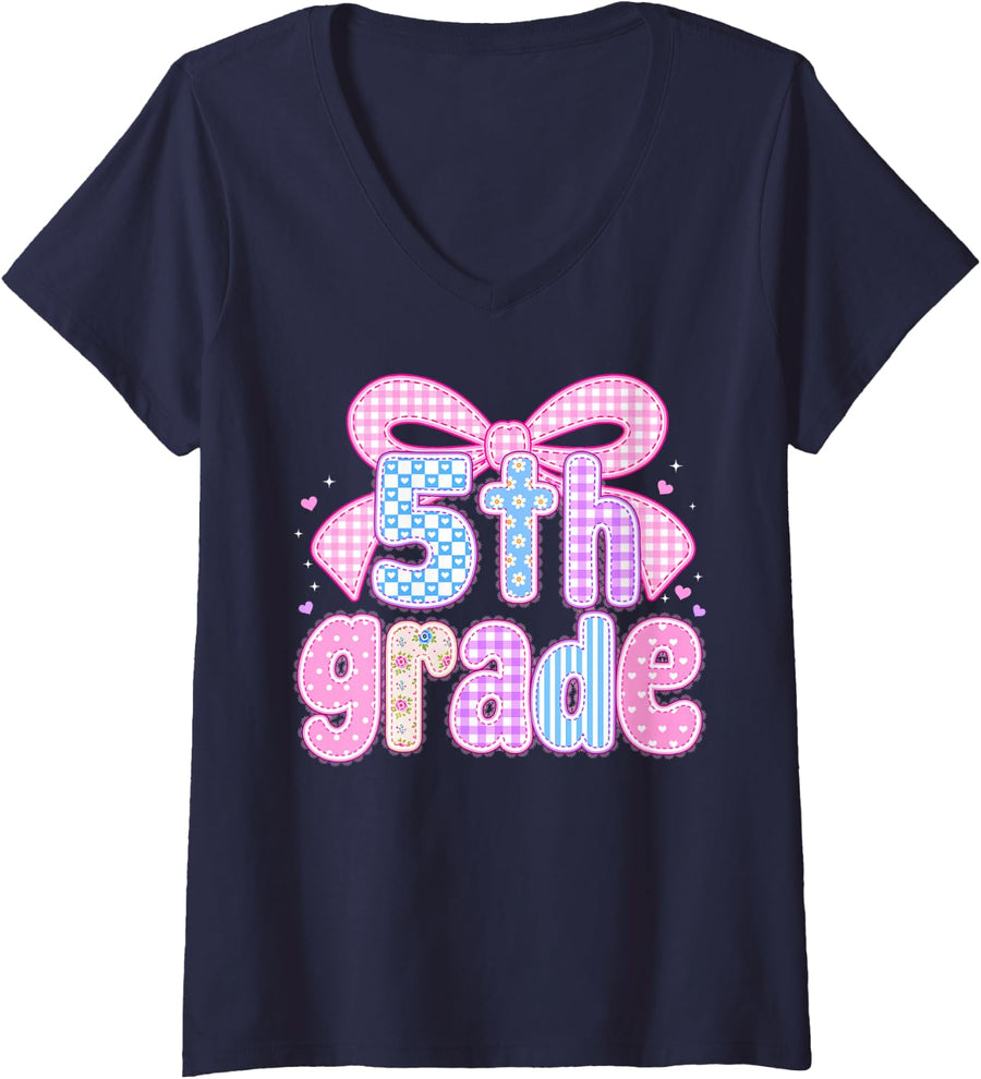 Women's Preppy Fifth 5th Grade Floral Coquette Bow Back to School V-Neck T-Shirt - Navy Blue