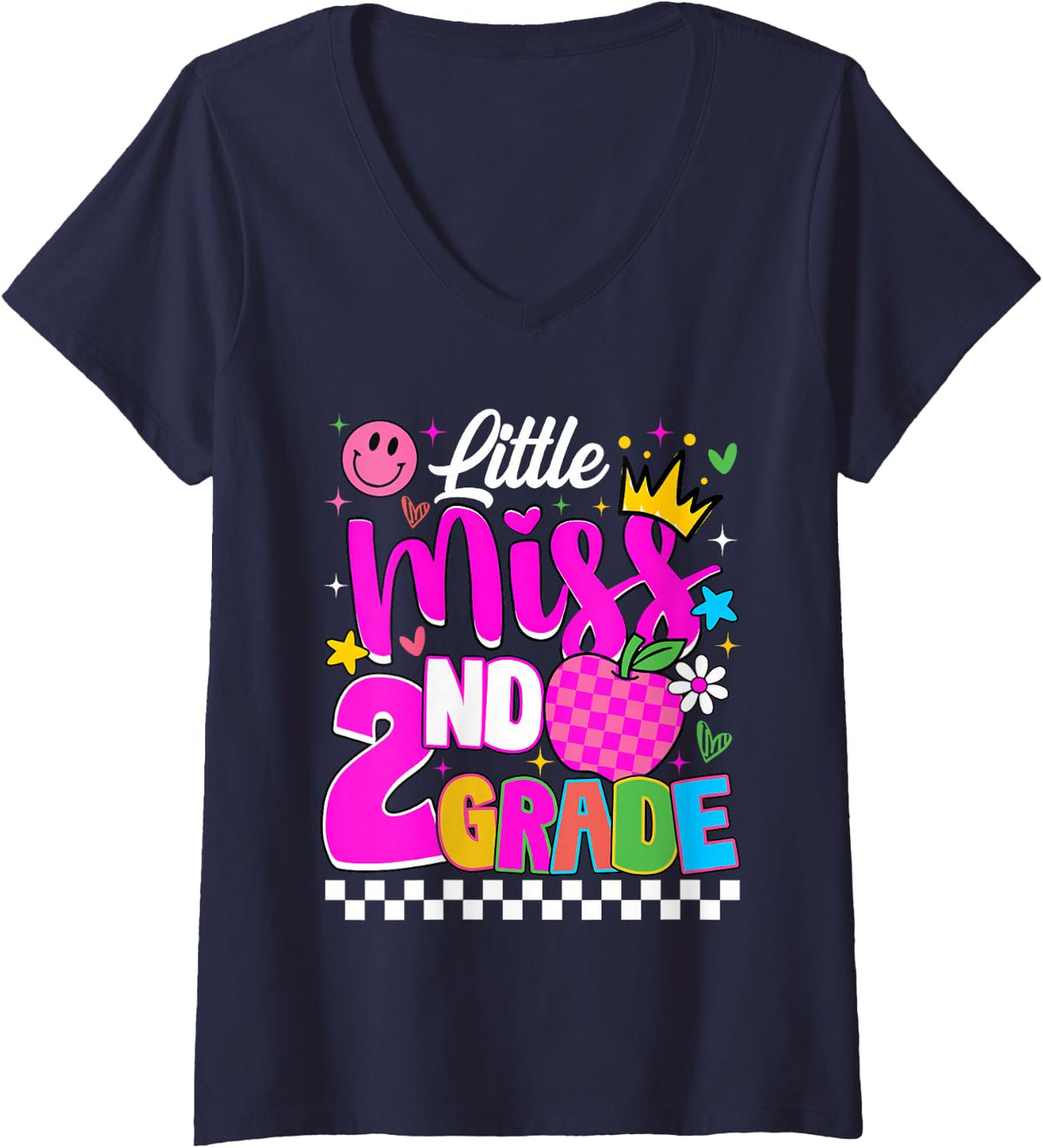Women's Little Miss 2nd Grade Cute First Day of School Girl Student V-Neck T-Shirt - Navy Blue