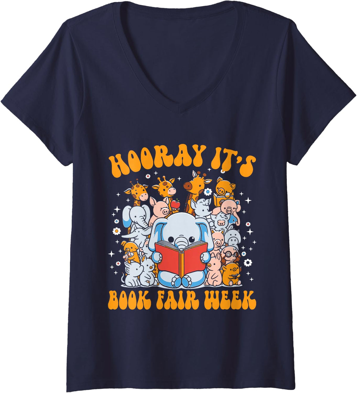 Women's Book Fair School Library Hooray Its Book Fair Week V-Neck T-Shirt - Navy Blue