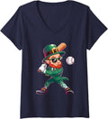 Women's Leprechaun Playing Baseball Funny St Patricks Day Sports Fan V-Neck T-Shirt - Navy Blue