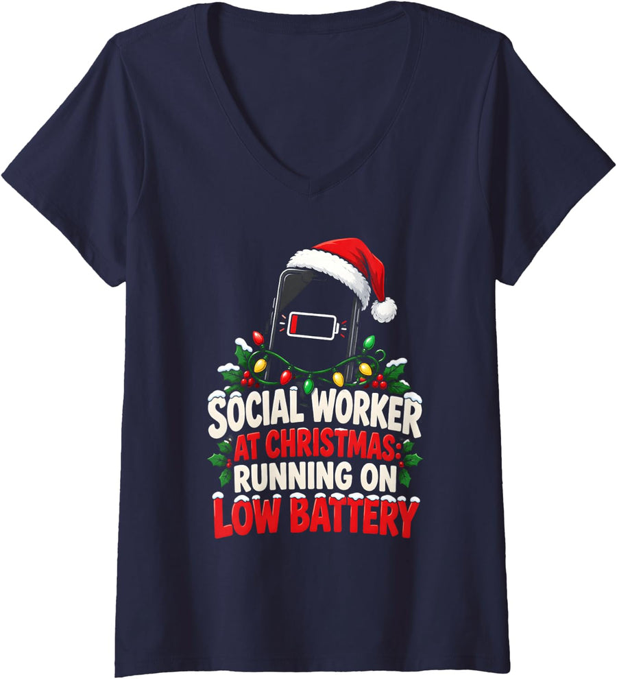 Women's Social Work Christmas Running On Low Battery Funny Holiday V-Neck T-Shirt - Navy Blue
