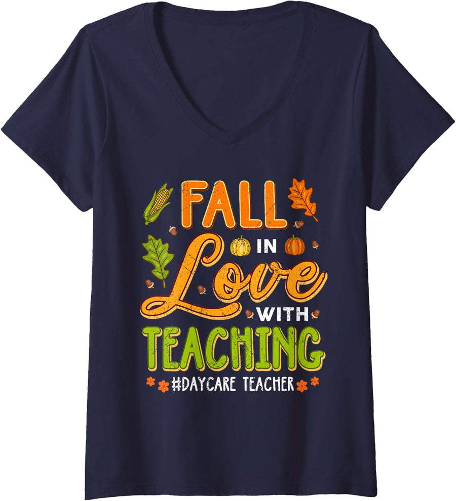 Women's Fall in Love with Teaching Daycare Teacher Thanksgiving V-Neck T-Shirt - Navy Blue