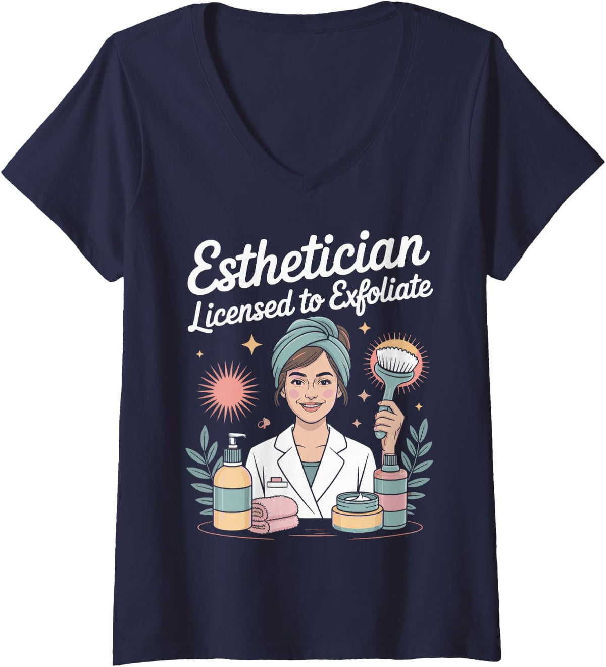 Women's Exfoliate Dermatology Therapist Skin Care Estheticians V-Neck T-Shirt - Navy Blue