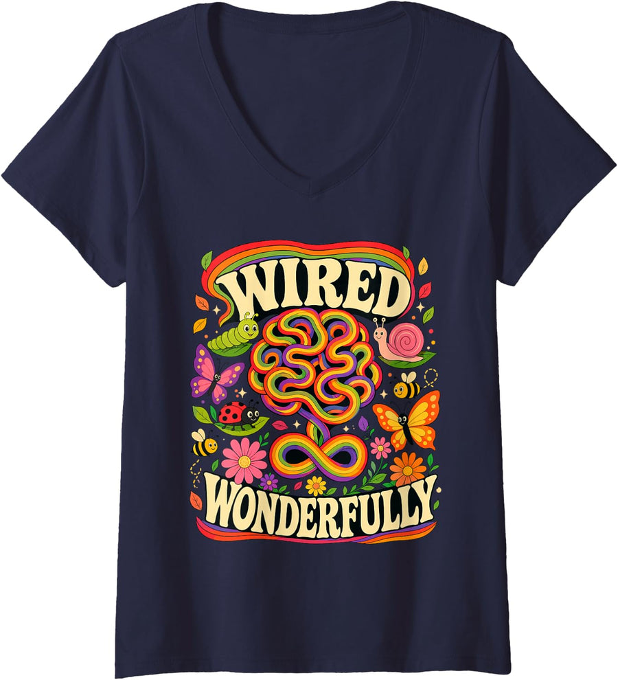 Women's Wired Wonderfully Neurodiversity Sped Teacher V-Neck T-Shirt - Navy Blue