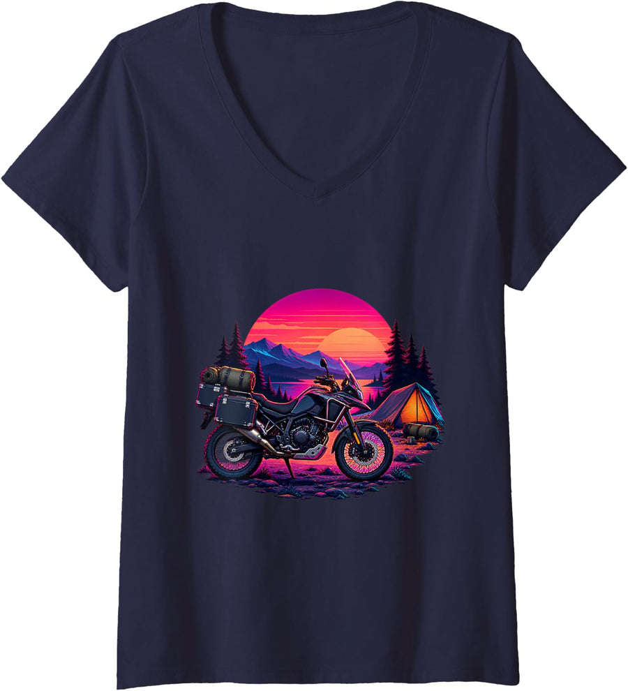 Women's Synthwave Motorcycle Camping Retro Sunset Adventure Bike V-Neck T-Shirt - Navy Blue