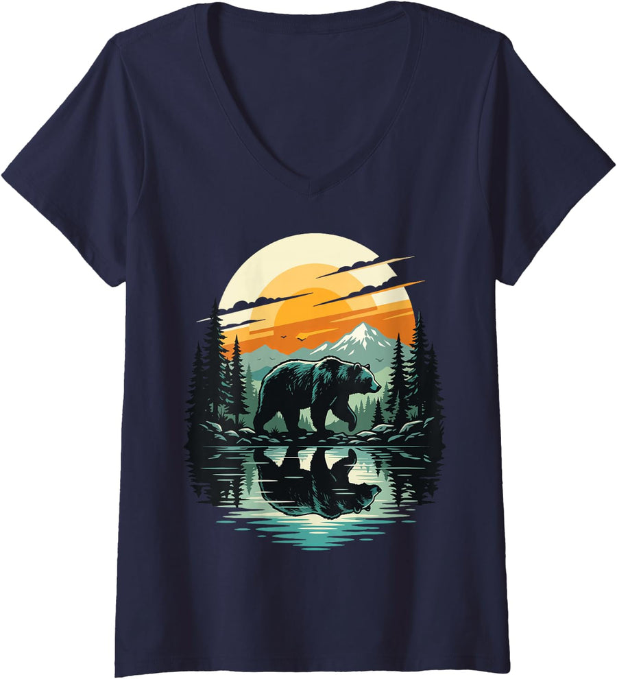 Women's Bear Forest Reflection Hiker V-Neck T-Shirt - Navy Blue