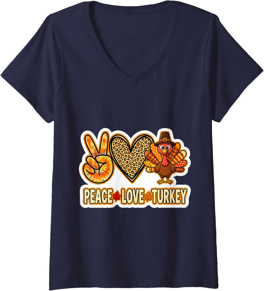 Women's Peace Love Turkey Little Pilgrim Thanksgiving Fall Autumn V-Neck T-Shirt - Navy Blue