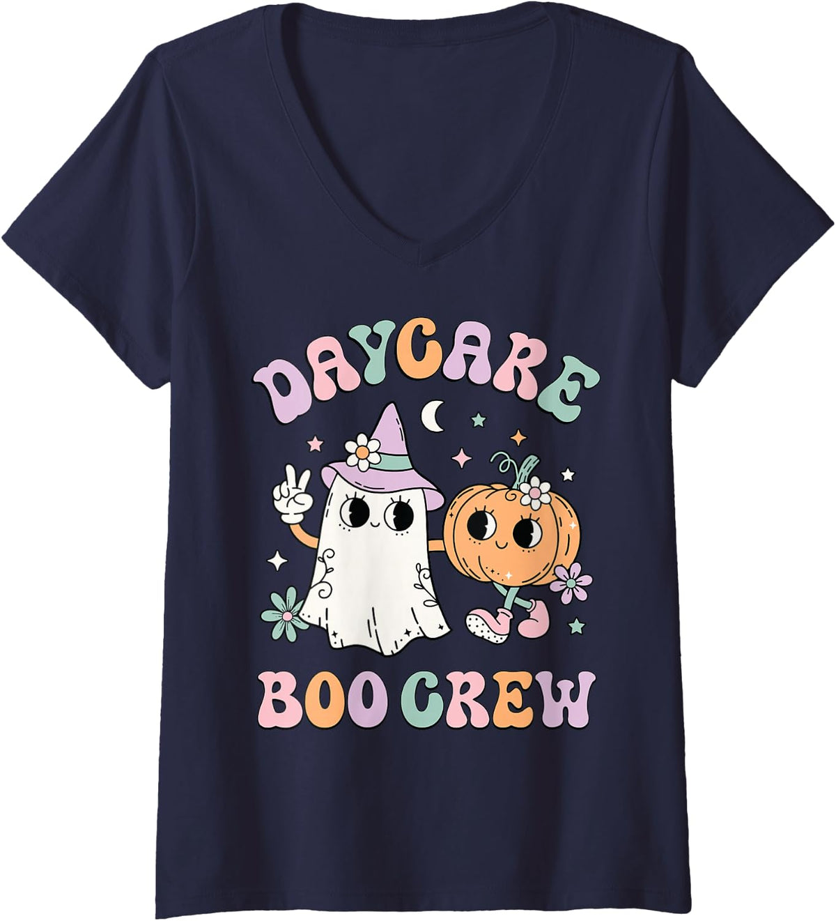Women's Daycare Boo Crew Groovy Halloween Floral Ghost Kid Teacher V-Neck T-Shirt - Navy Blue