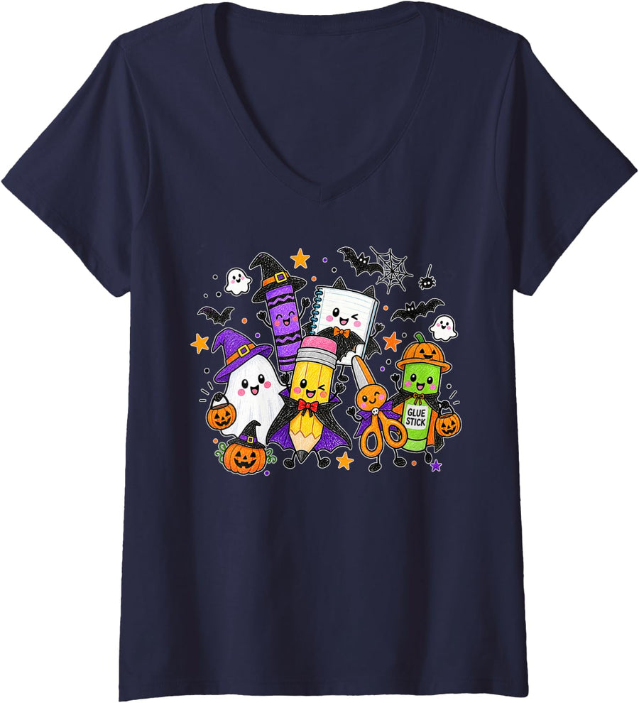 Women's Funny Spooky School Teacher Cute School Supplies Halloween V-Neck T-Shirt - Navy Blue
