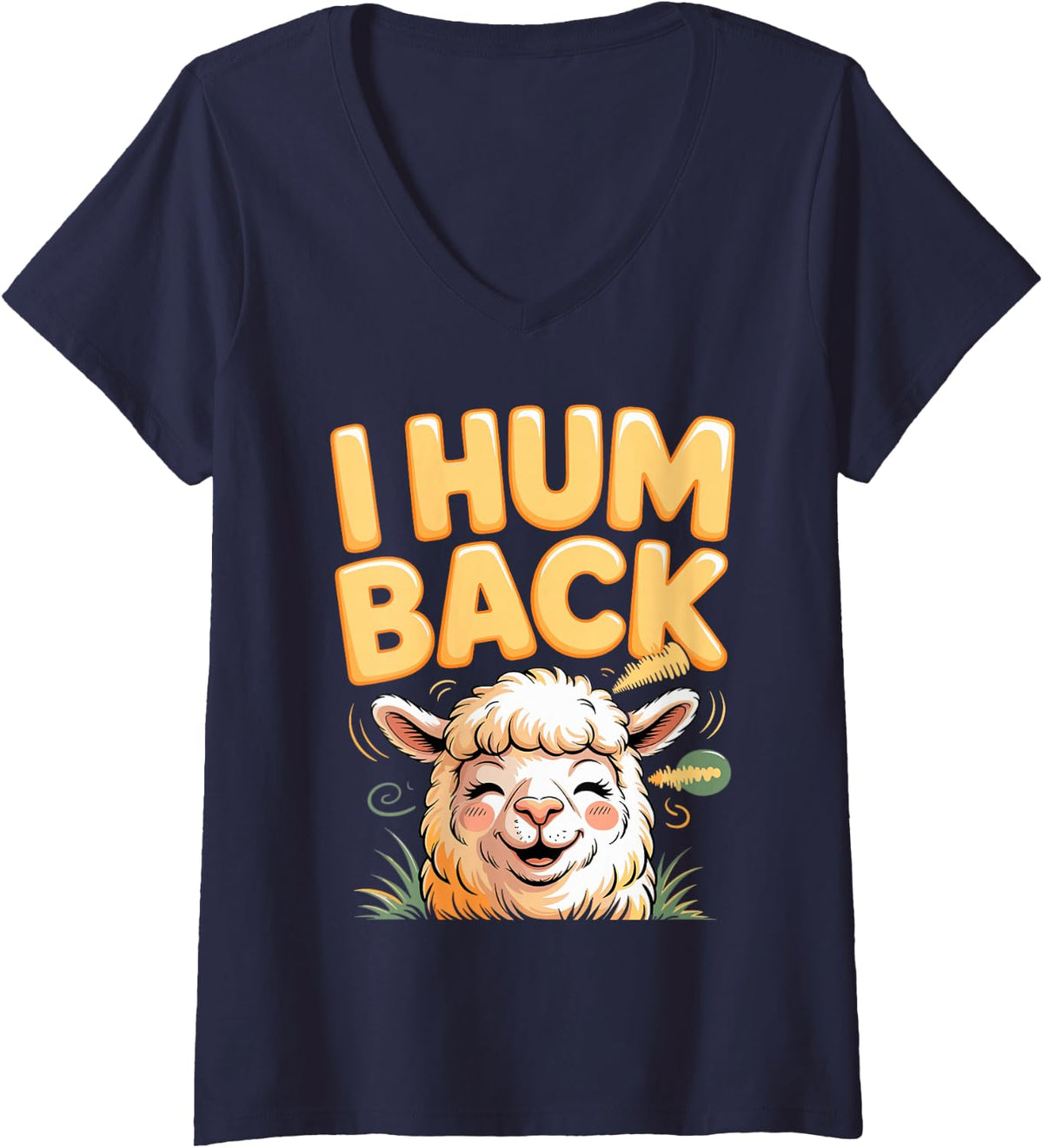 Women's I Hum Back Alpaca Farmer Alpacas V-Neck T-Shirt - Navy Blue