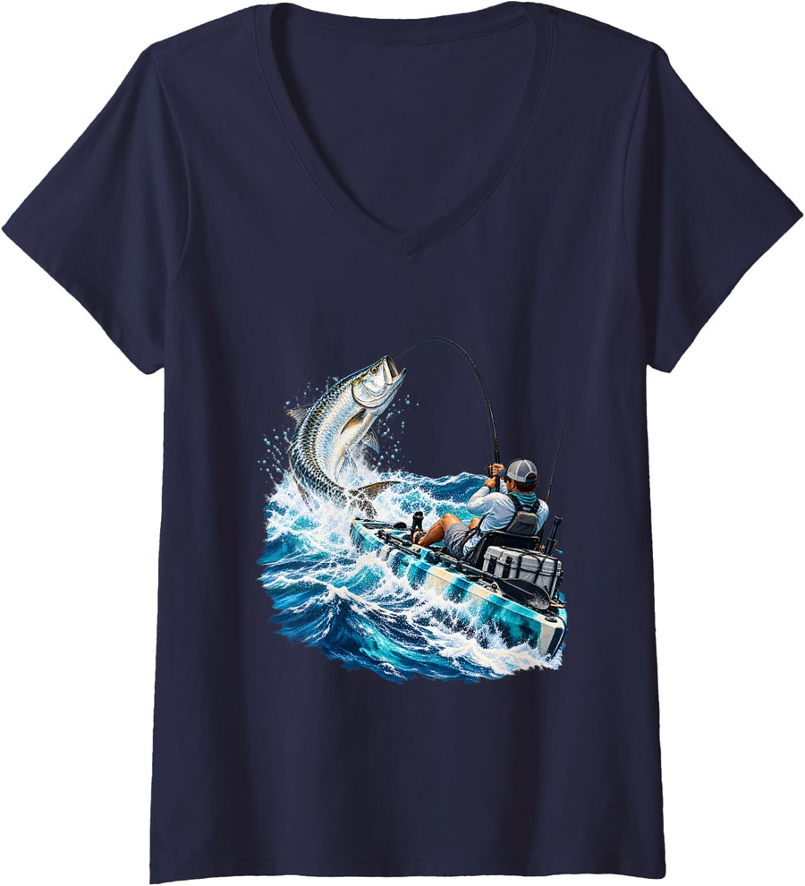 Women's Kayak Fishing Giant Tarpon Saltwater Angler Adventure V-Neck T-Shirt - Navy Blue