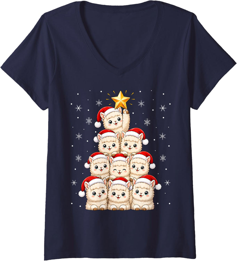 Women's Alpaca Llama Christmas Tree Cute Animal Festive Santa Xmas V-Neck T-Shirt - Navy Blue