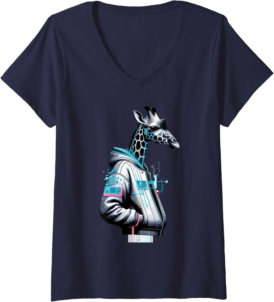 Women's Synthwave Cyberpunk Giraffe Lover Shirt Futuristic Giraffe V-Neck T-Shirt - Navy Blue