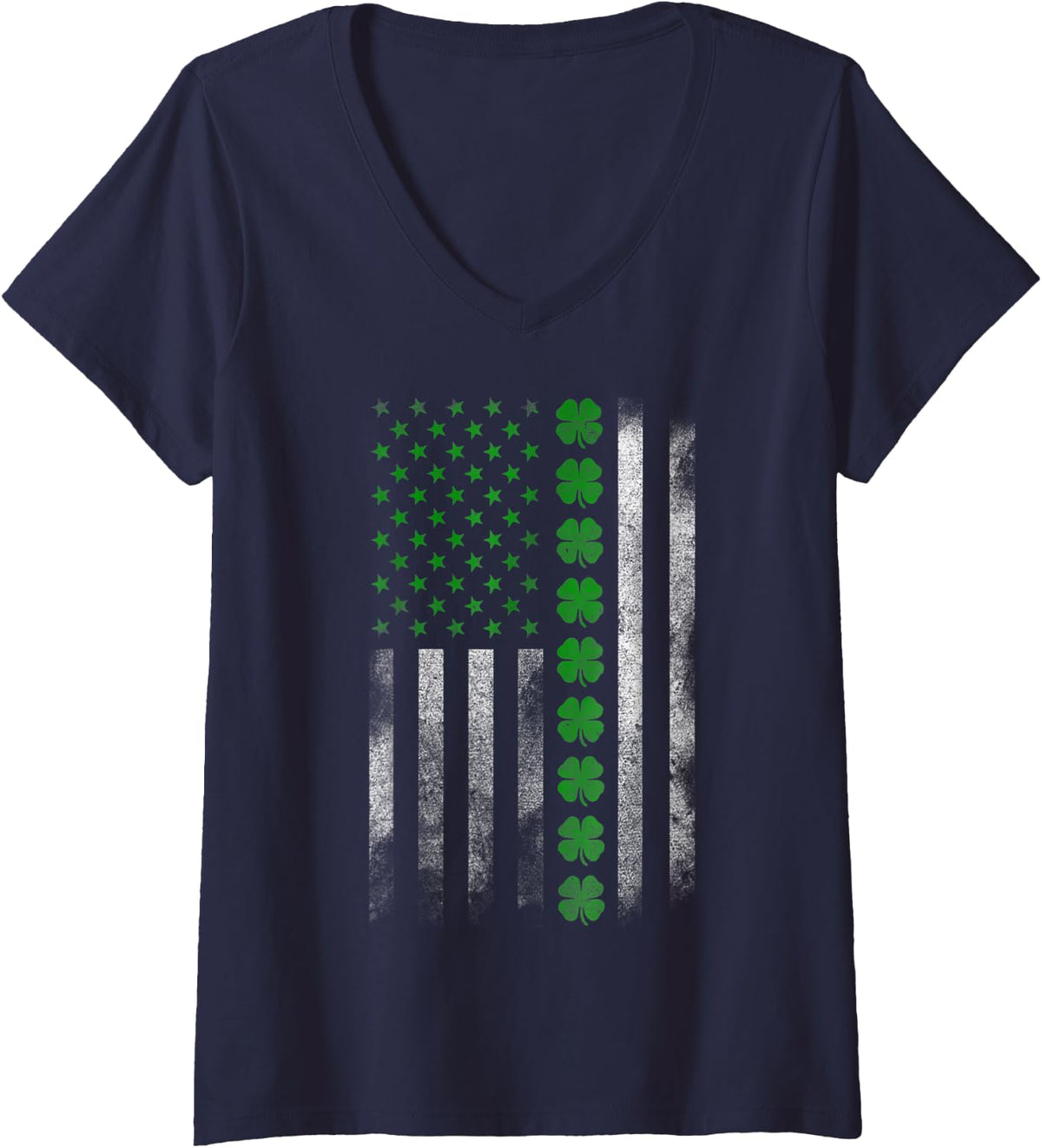Women's US American Flag with Shamrocks St Patricks Day V-Neck T-Shirt - Navy Blue