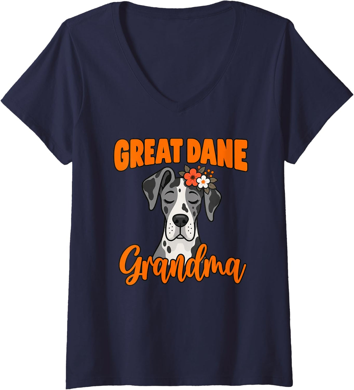 Women's Great Dane Grandma Flower Accent V-Neck T-Shirt - Navy Blue