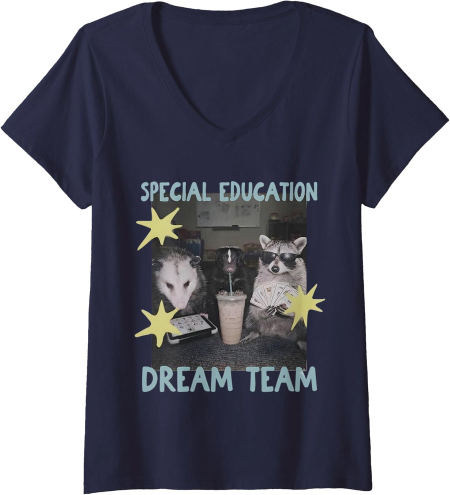 Women's Special Education Dream Team Funny Raccoon Possum Skunk V-Neck T-Shirt - Navy Blue