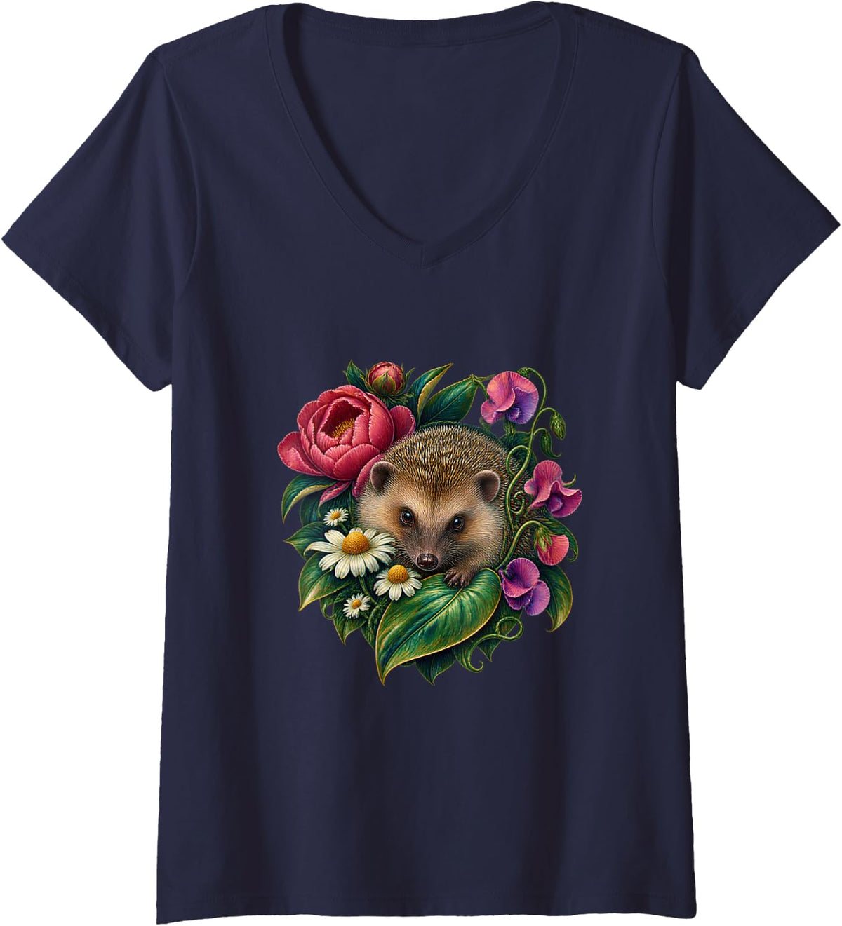Women's European Hedgehog Peony Airbrush Art V-Neck T-Shirt - Navy Blue
