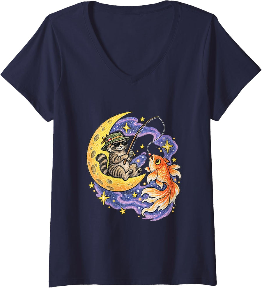 Women's Cat Fishing on the Moon Funny Animal Meme V-Neck T-Shirt - Navy Blue