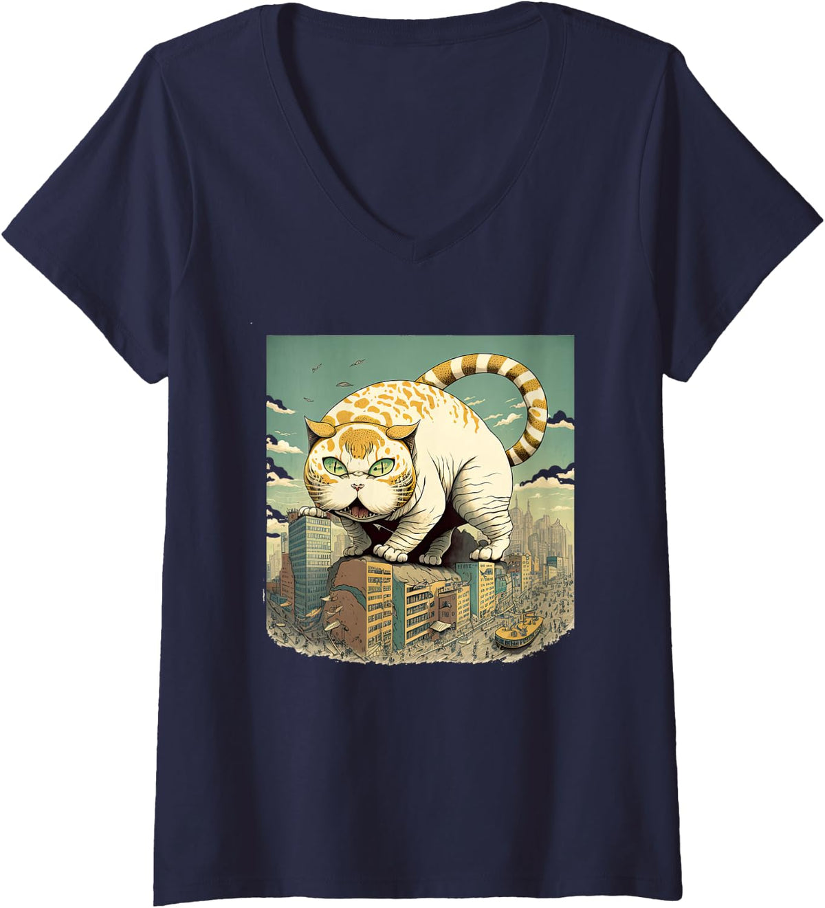 Women's Funny cat Catzilla Destroying Cities Cute Kitten V-Neck T-Shirt - Navy Blue