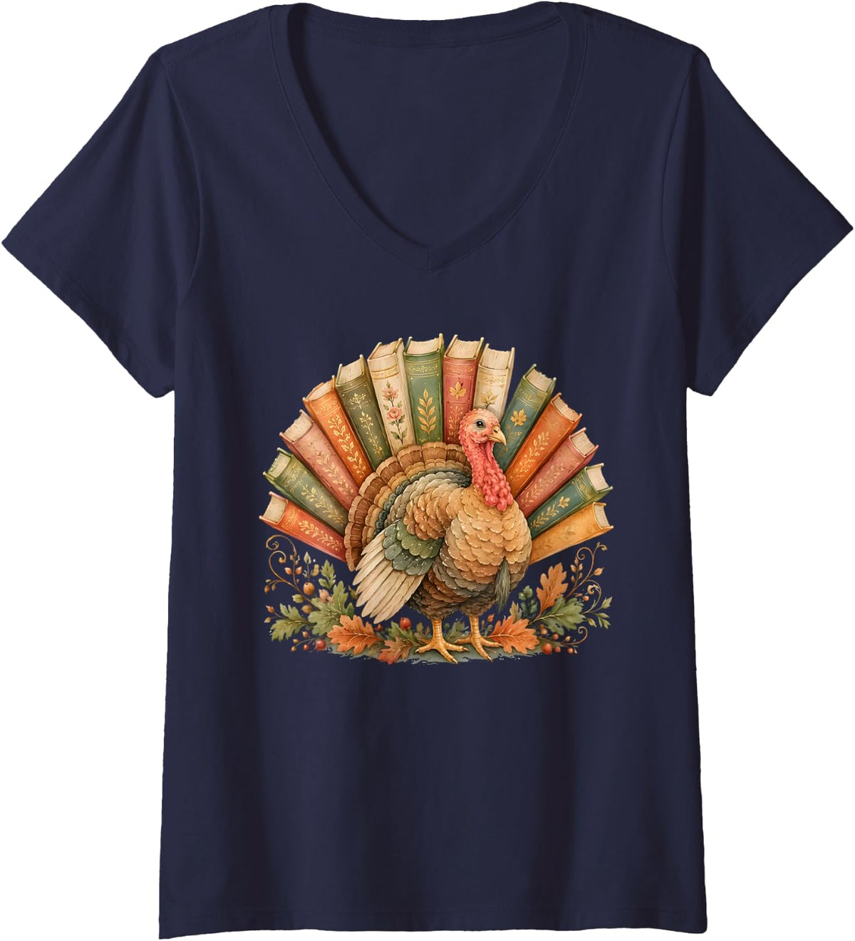 Women's Retro Thanksgiving Turkey Book Reading Fall Teacher Bookish V-Neck T-Shirt - Navy Blue