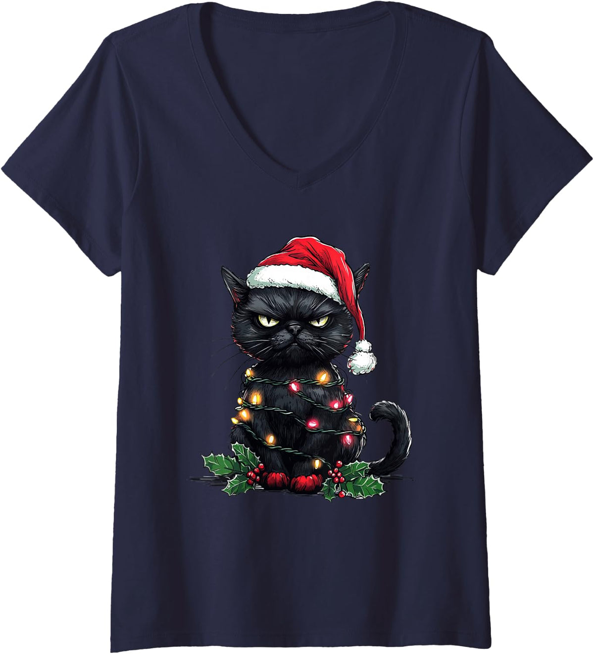 Women's Funny Black Cat Santa Hat Merry Christmas Tree Lights Cat V-Neck T-Shirt - Navy Blue