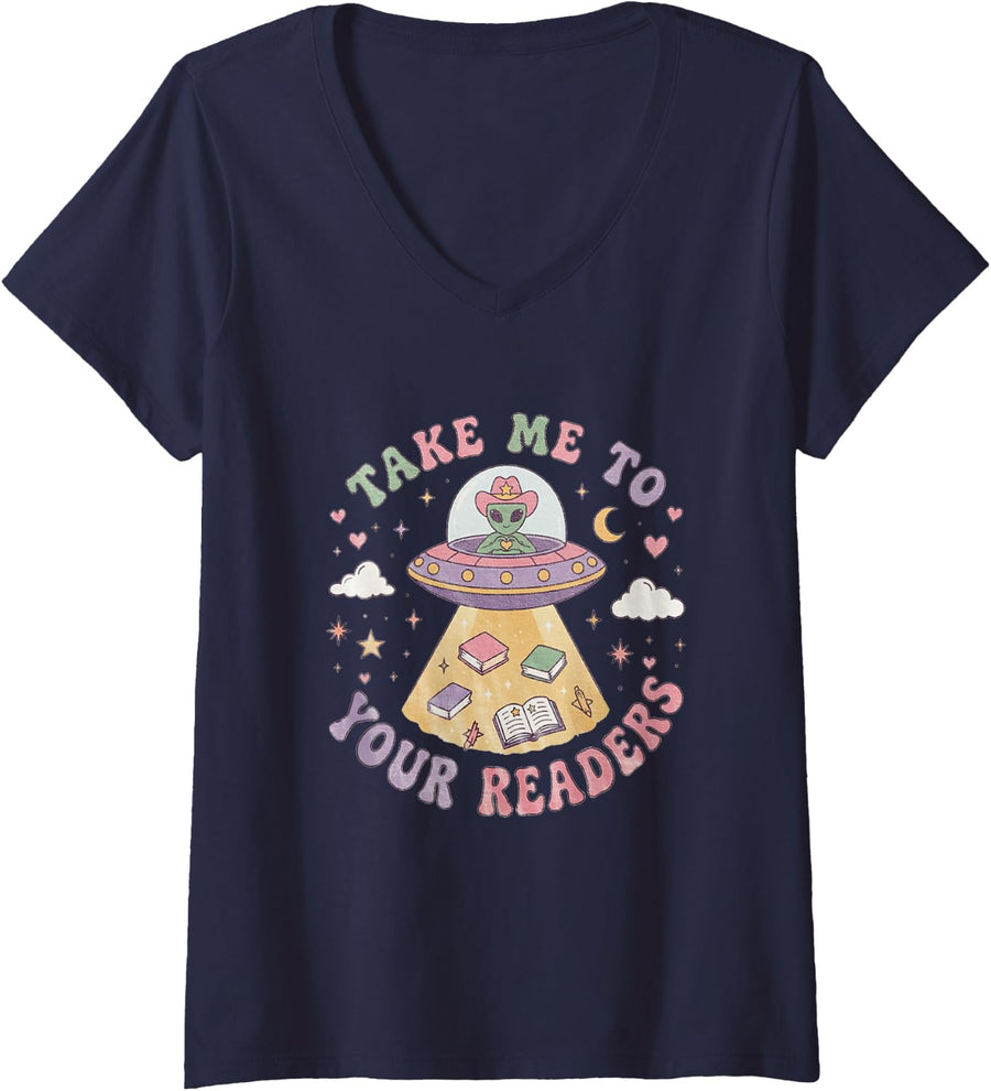 Women's Retro Cute Alien Reading Teacher Library Back to School V-Neck T-Shirt - Navy Blue
