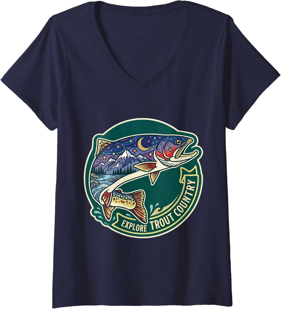 Women's Explore Trout Country Fly Fishing Trip Nature Fisher Fish V-Neck T-Shirt - Navy Blue