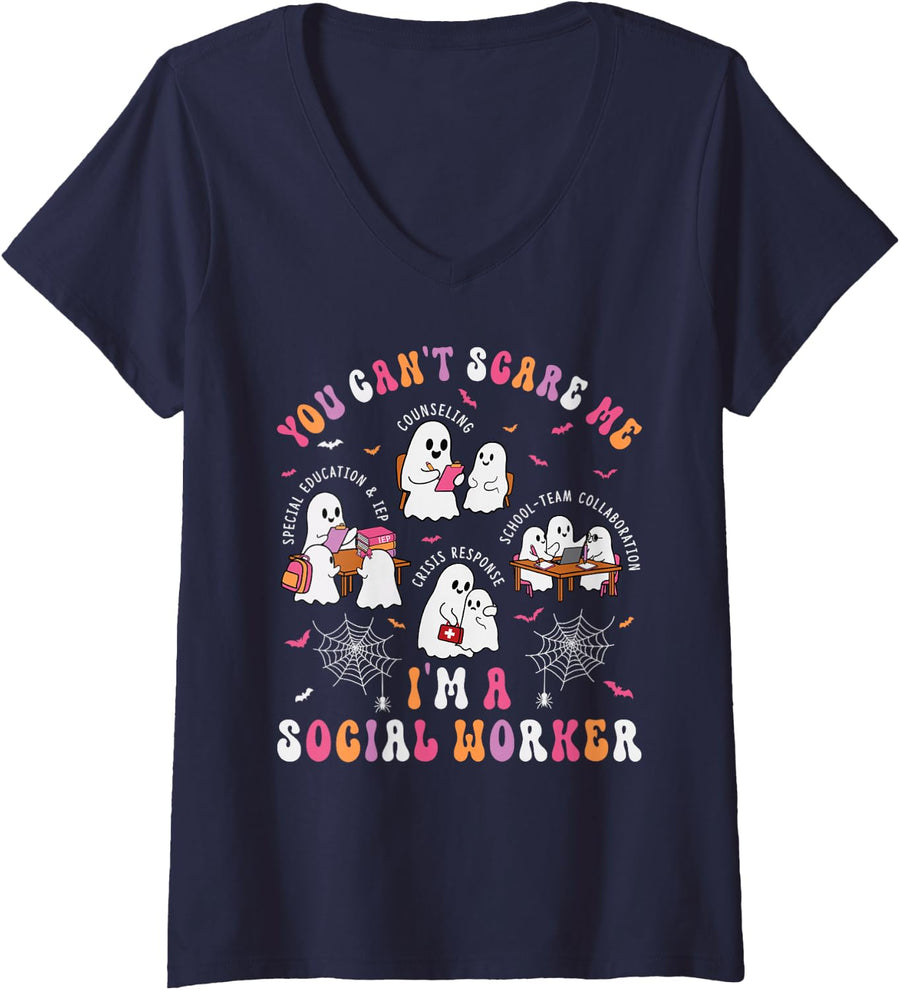 Women's You Can't Scare Me I'm A School Social Worker Halloween V-Neck T-Shirt - Navy Blue