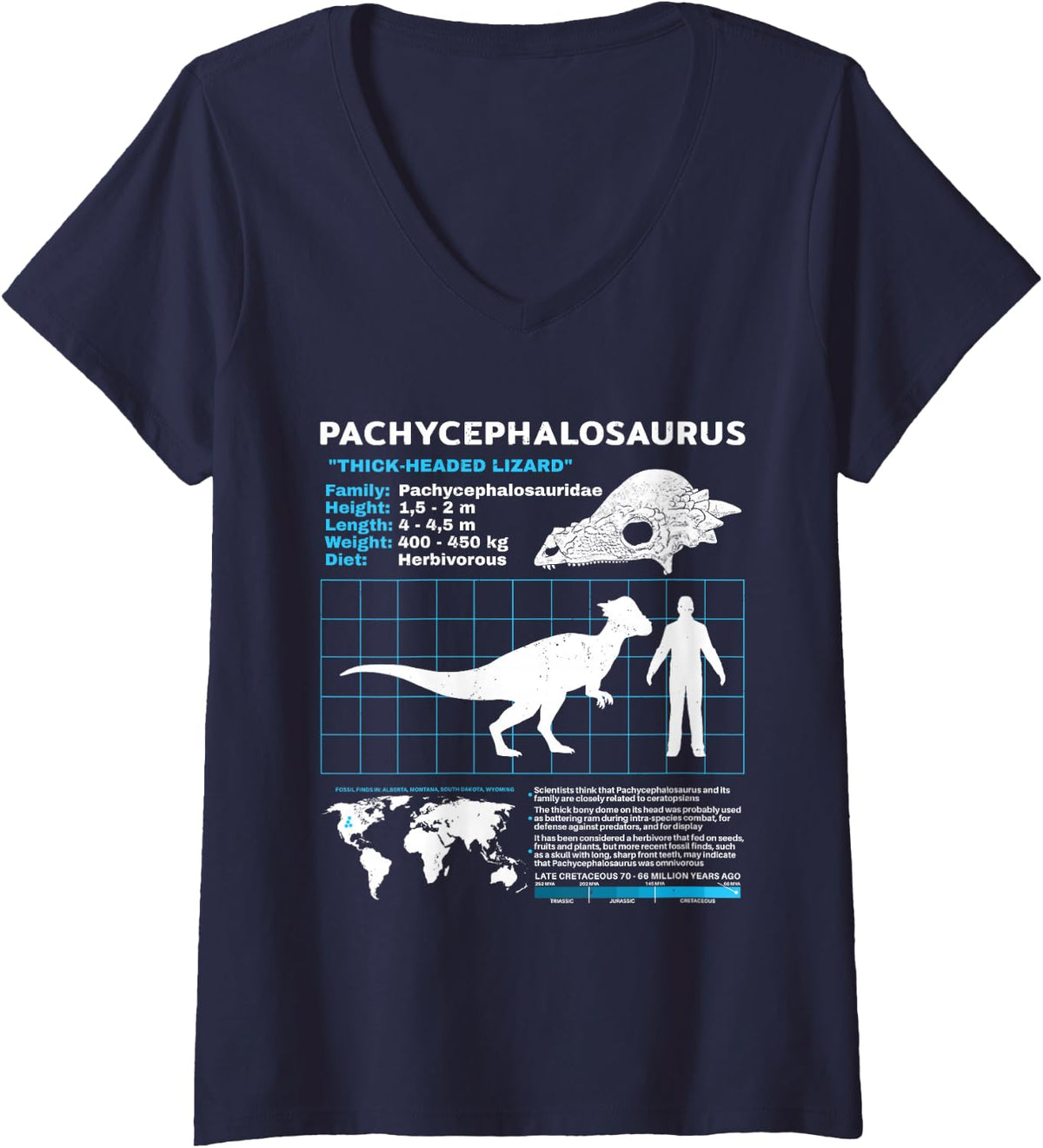 Women's Pachycephalosaurus fact Sheet Dinosaur Facts V-Neck T-Shirt - Navy Blue
