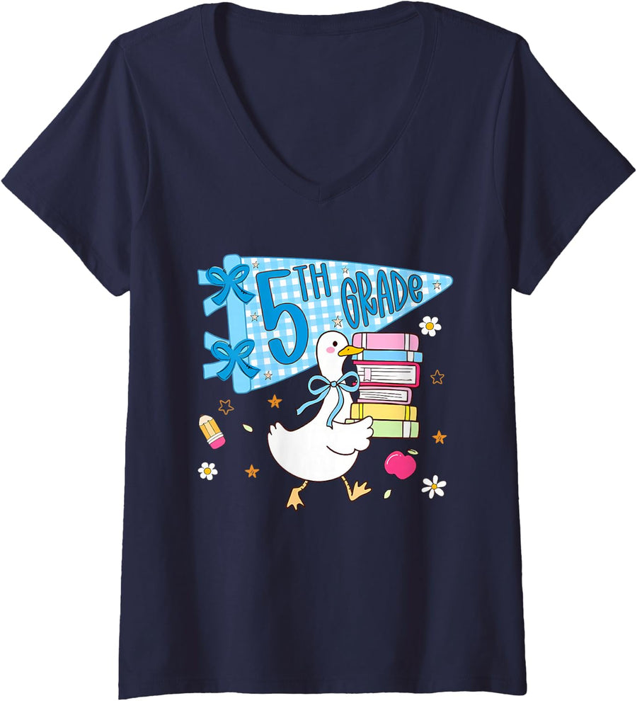 Women's 5th Grade Goose Silly Teacher Funny Goose Back to School V-Neck T-Shirt - Navy Blue