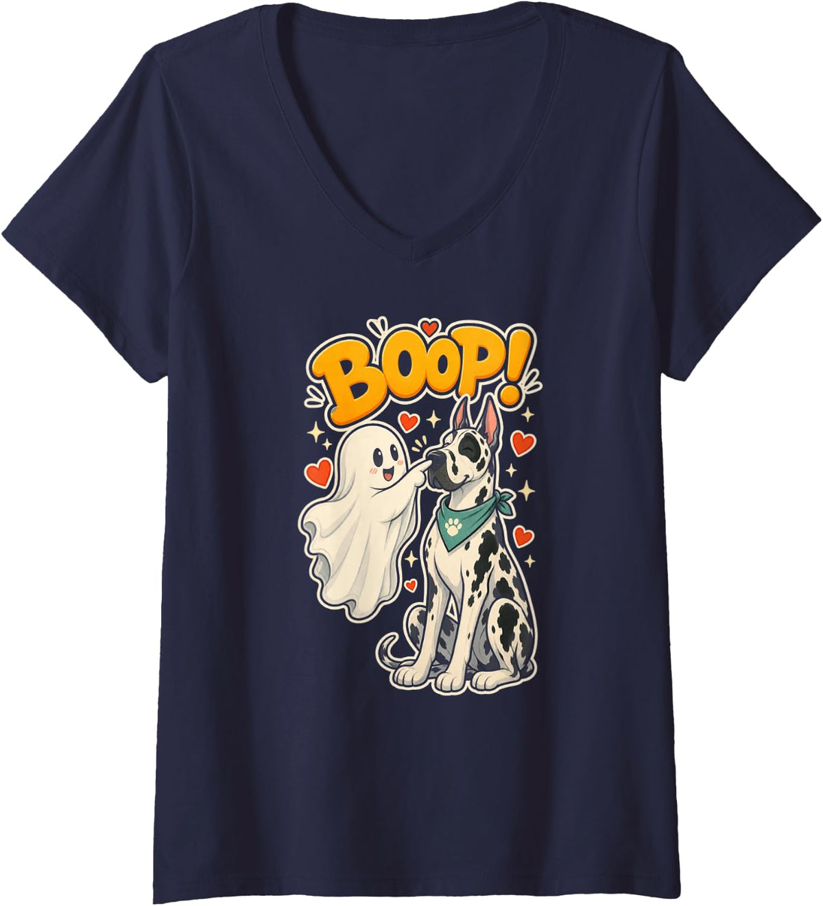 Women's Halloween Great Dane Ghost Boop V-Neck T-Shirt - Navy Blue